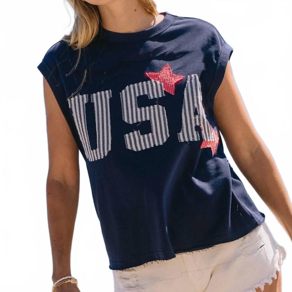 NEW ODDI usa logo patch muscle tank top in navy